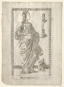 Klugheit aus dem Tarocchi, Serie B: Kosmische Prinzipien & Tugenden, Nr. 35, vor 1467 von Master of the E Series Tarocchi