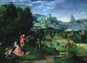 Die Rast auf der Flucht nach Ägypten, Landschaft gemalt von Joachim Patinir