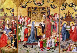Altarbild der sieben Freuden der Jungfrau, Darstellung der Anbetung der Könige, der Darstellung im Tempel und des Erscheinens Christi vor Maria, ca. 1480 von Master of the Holy Family