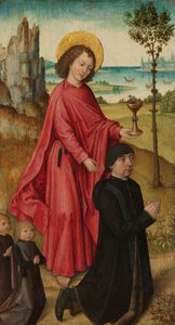 Ein Stifter und seine zwei Söhne mit dem heiligen Johannes dem Evangelisten von Master of the Legend of Saint Ursula