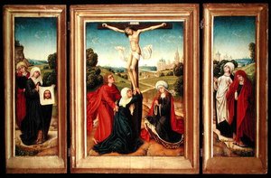 Triptychon mit dem zentralen Panel, das die Kreuzigung mit der Jungfrau, St. Johannes und Maria Magdalena darstellt; der linke Flügel: St. Veronika und eine Heilige; und der rechte Flügel: Die zwei Marien