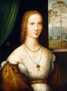 Porträt einer Dame, halblang, trägt ein weißes Kleid mit goldenen Ärmeln von Master of the Leonardesque Female Portraits