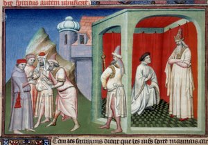Johannes von Mandeville und der Sultan. Kontroverse zwischen Christen und Muslimen dargestellt von Jean de Mandeville, Entdecker aus Lüttich (1300-1372) und dem Sultan der Sarazenen. Miniatur in „Das Buch der Wunder der Welt“ von Master of the Mazarine