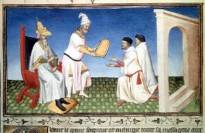 Marco und Mattia Polo erhalten Spenden von Kubilay Khan - Miniatur aus „Das Buch der Wunder“ („Devisement of the World“, „Il Milione“) von Marco Polo (1254-1324) (Ms. 2810, Folio 3v) illuminiert vom Meister von Mazarine, ca. 1410-1412 von Master of the Mazarine