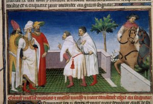 Matteo und Niccolò, die Polo-Brüder, bitten um Erlaubnis vom Qubilai (Kubilai Khan, erster Kaiser der mongolischen Yuan-Dynastie (1215-1294)). Miniatur aus 