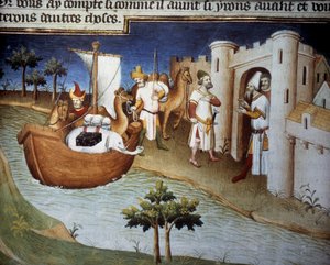 Die Polo-Brüder (einschließlich Marco Polo) kommen in Ormuz aus Indien auf einem Frachtschiff an. Miniatur in „Das Buch der Wunder“ („Devisement du monde“, „Il Milione“) (Ms. 2810, Folio 14v). Manuskript von Meister von Mazarine von Master of the Mazarine