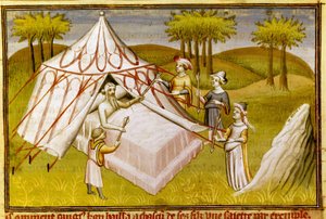 Der mongolische Führer Dschingis Khan auf seinem Sterbebett gibt seinen Söhnen seine letzten Empfehlungen, ca. 1410 (Miniatur) von Master of the Mazarine