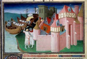 Entladen von Kugeln in der Stadt Khambhat, Indien. Miniatur in „Das Buch der Wunder“ von Master of the Mazarine
