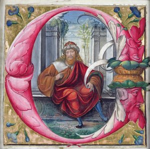 Historiierte Initiale C oder O, die König David darstellt