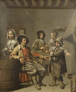 Junge schenkt einem Landmann ein Glas Wein ein, um 1650