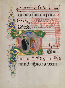 Manuskriptblatt mit dem heiligen Benedikt, der einen Jungen in einem Initial D wiederbelebt, aus einem Antiphonar von Master of the Riccardiana Lactantius
