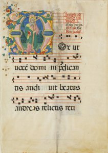 Manuskriptblatt mit dem Fest des Heiligen Andreas in einem Initial M ..., zweite Hälfte des 15. Jahrhunderts von Master of the Riccardiana Lactantius
