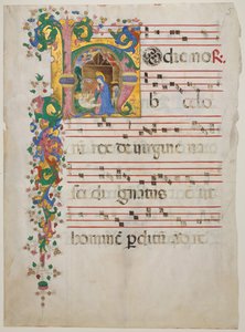 Manuskriptblatt mit der Geburt Christi in einem Initial H, aus einem Antiphonar
