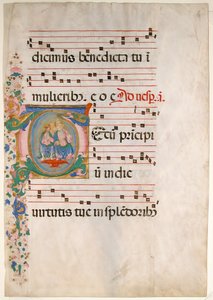 Manuskriptblatt mit der Dreifaltigkeit in einem Initial T, aus einem Antiphonar