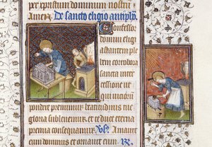 Ms 62 f.215r St. Eligius fertigt ein Heiligtum an; St. Eligius an einem Amboss, aus einem Stundenbuch