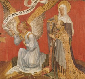 Tafel eines Diptychons darstellend den Engel der Verkündigung, den Stifter und eine weibliche Heilige, möglicherweise St. Maria Magdalena, ca. 1420
