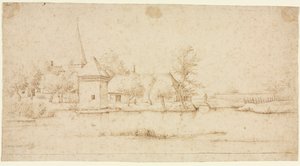 Landschaft mit einem Dorf mit Wassergraben, 1559-1561