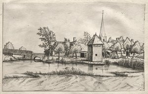 Ansichten von Dörfern in Brabant und Campine: Ein Dorf mit Wassergraben, um 1561