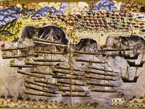 Barbarossas Flotte überwintert im französischen Hafen von Toulon, 1543, Mitte des 16. Jahrhunderts von Matrakci Nasuh