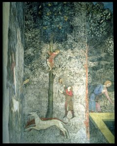 Jagdhunde und Männer klettern auf einen Baum, Detail (Dekorationsschema aus La Chambre du Cerf)