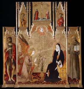 Verkündigung mit den Heiligen Johannes dem Täufer, Bernhardin von Siena; Kreuzigung, Heilige Petrus und Paulus