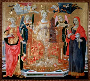 Heilige Barbara auf dem Thron, Heilige Maria Magdalena, Heilige Katharina von Alexandria von Matteo di Giovanni di Bartolo