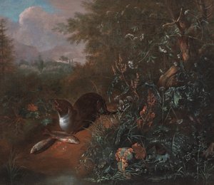 Ein Waldstillleben mit einem Otter und zwei Fischen, um 1650-1700