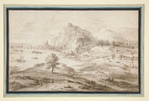 Gebirgige Landschaft mit Hafen und Stadt