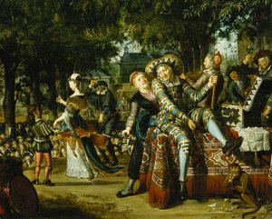 Eine Truppe von Schauspielern, die vor einer Menge auftreten