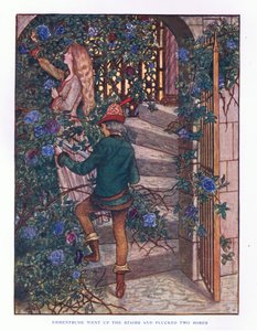 Ermentrude ging die Treppe hinauf und pflückte die Rosen, Illustration aus Lady Anns Märchen, 1914 von Maud Tindal Atkinson