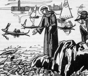 Der heilige Franz von Assisi predigt den Fischen in Rimini, graviert von Jacques Beltrand nach einer Zeichnung von Maurice Denis