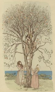 Orangenpflücken am Mittelmeer (Farblithografie)