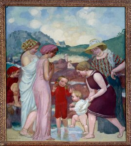 Die ersten Schritte. Ein kleiner Junge macht seine ersten Schritte vor seiner Mutter und Familie