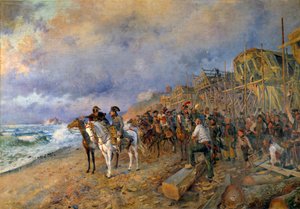 Der Erste Konsul Napoleon Bonaparte (1769-1821) besucht das Arsenal von Boulogne. Gemälde von Maurice Orange (1868-1916) 1804 von Maurice Henri Orange