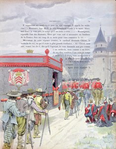 Armand-Jean du Plessis, Kardinal Richelieu (1585-1642) reist in einer Sänfte als alter Mann, Illustration aus einem Leben von Richelieu von Theodore Camu, 1910