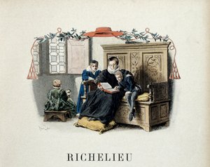 Geschichte Frankreichs: Die Mutter von Armand Jean du Plessis, der Kardinal Richelieu (1585-1642) und dann Minister von Ludwig XIII. wurde, leitet seine ersten Lesungen. Illustration von Maurice Leloir (1853-1940) in „Richelieu“ von Theodore Cahu von Maurice Leloir