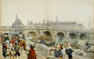 Geschichte Frankreichs: Verbannt ins Schloss von Blois durch seinen Sohn Ludwig XIII., verließ Marie de Medicis (1575-1642) und ihr Gefolge Paris im Jahr 1617. Illustration von Maurice Leloir (1853-1940) in „Richelieu“ von Maurice Leloir