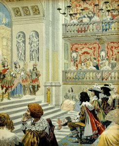 Geschichte Frankreichs: Aufführung im Theater des Kardinalspalastes (heute der Königspalast) des Stücks „Mirame“, einer heroischen Komödie, geschrieben 1641 von Kardinal Richelieu