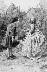 Begegnung des jungen Jean-Jacques Rousseau und der zukünftigen engen Freundin Madame de Warens, 21. März 1728 (Stich)