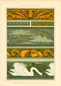 Tierbordüren mit Adlern, Fledermäusen, Eichhörnchen und Schwänen (Lithografie)