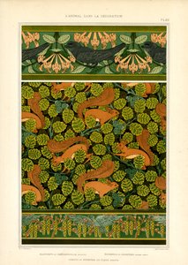Jugendstilornament mit Vögeln, Eichhörnchen und Blumenelementen (Lithografie)