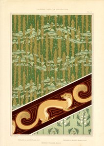 Dekorative Jugendstilmuster mit Fischen, Hermelin und Maiglöckchen (Litho)