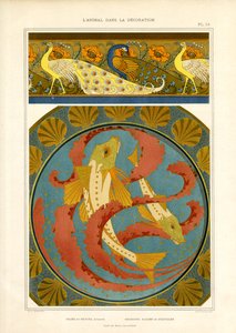 Dekorativer Fisch- und Pfauenrand im Cloisonné-Stil