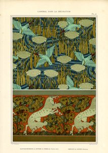 Eisvögel und Seerosen mit Pferdefries (Litho)