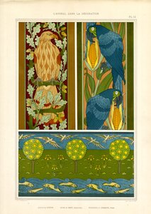 Ornamentale Bordüren mit Adler, Papageien und Landschaftsfries (Lithografie)