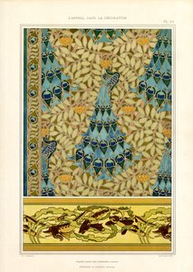 Pfauen und Fische in Jugendstilornamentik (Litho)