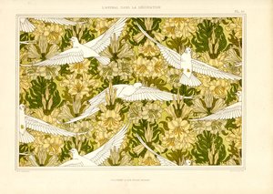 Textilmuster mit weißen Tauben und Lilien (Litho)