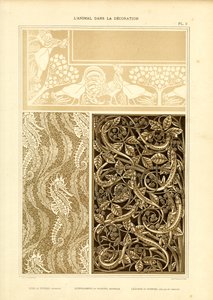 Dreiteilige Tierornamentik mit Hahn, Seepferdchen und Eidechsen von Maurice Pillard Verneuil