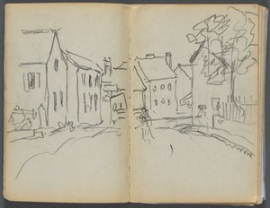 Skizzenbuch- Das Granitküstenhotel, Rockport, Seite 004 & 5: Straßenszene von Maurice Prendergast