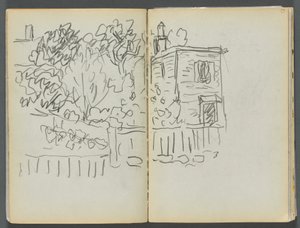 Skizzenbuch - Das Granite Shore Hotel, Rockport, Seite 054 & 55: Haus und eingezäunter Garten von Maurice Prendergast